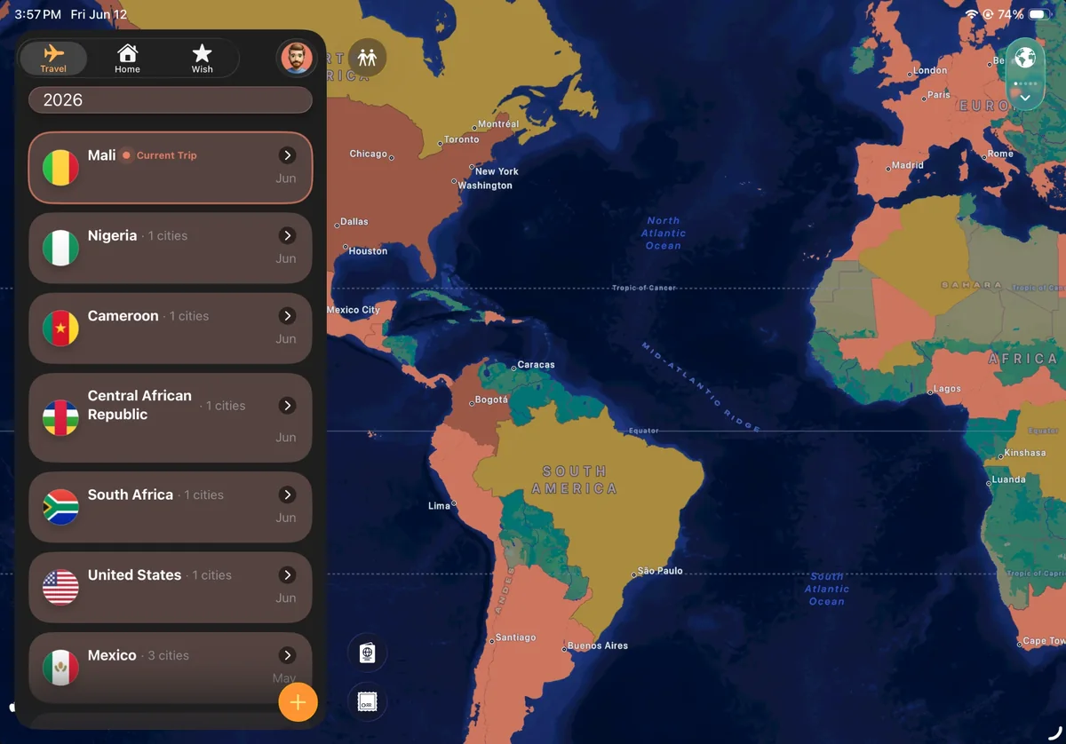 Odyz on iPad: the 2026 trip list by country, including Mali, Nigeria and Cameroon, beside a world map with visited countries filled in