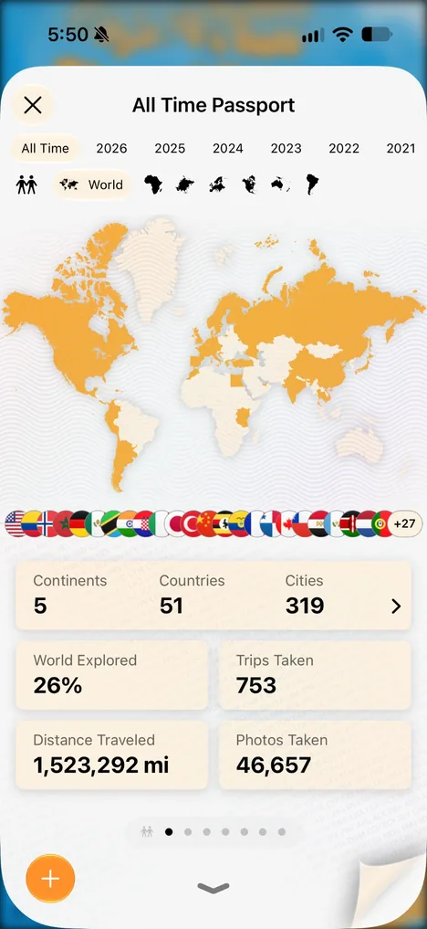 The Odyz All Time Passport showing 51 countries, 5 continents, 319 cities and 26% of the world explored