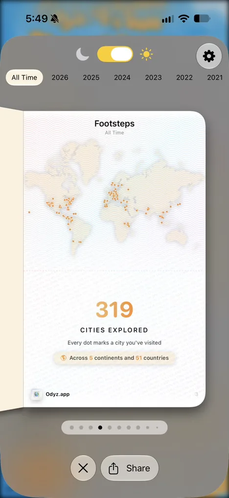 The Footsteps page of the Odyz passport: A dot on the map for every city you have ever visited