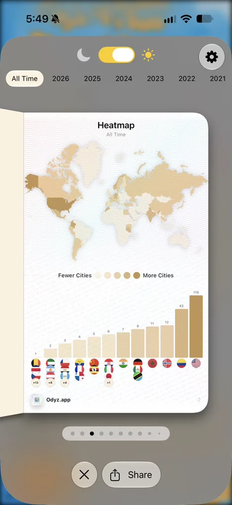 The Heatmap page of the Odyz passport: Every country shaded by how many cities you visited there, ranked
