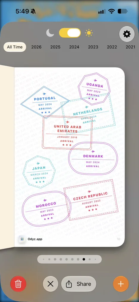 The Stamps page of the Odyz passport: A passport stamp for every country, with your arrival date