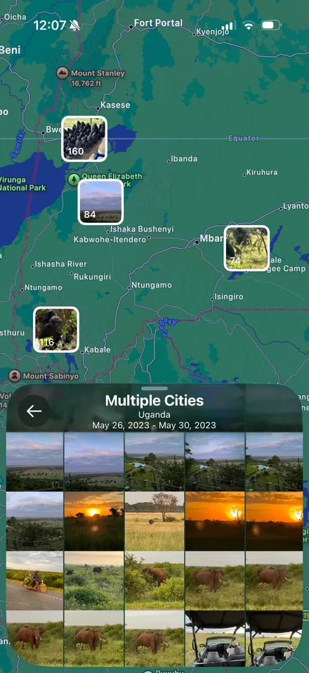 A trip to Uganda in Odyz: photos from multiple cities pinned on the map