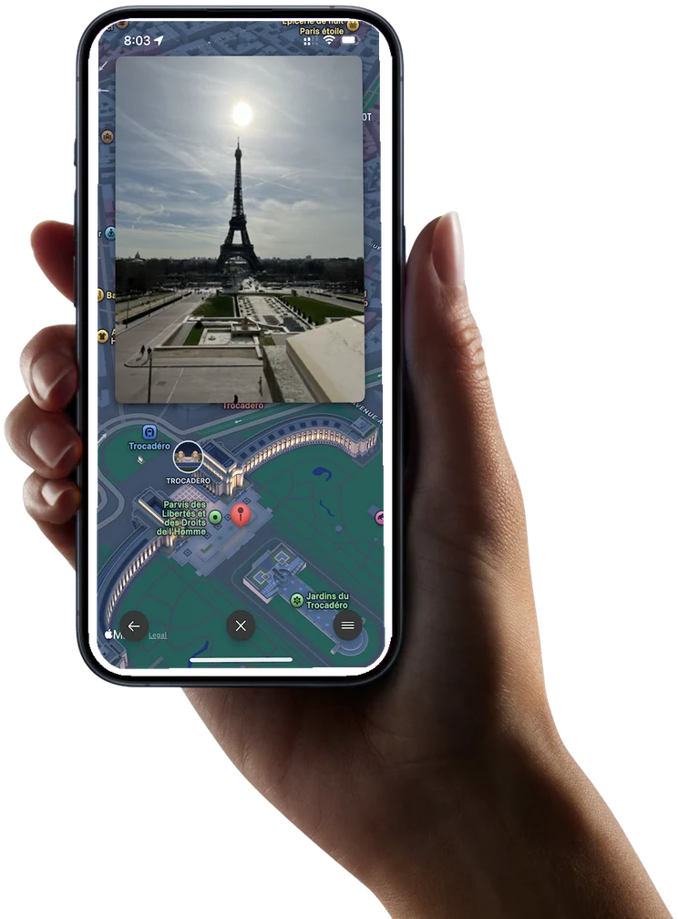 The Eiffel Tower photo overlaid on a 3D map in Odyz