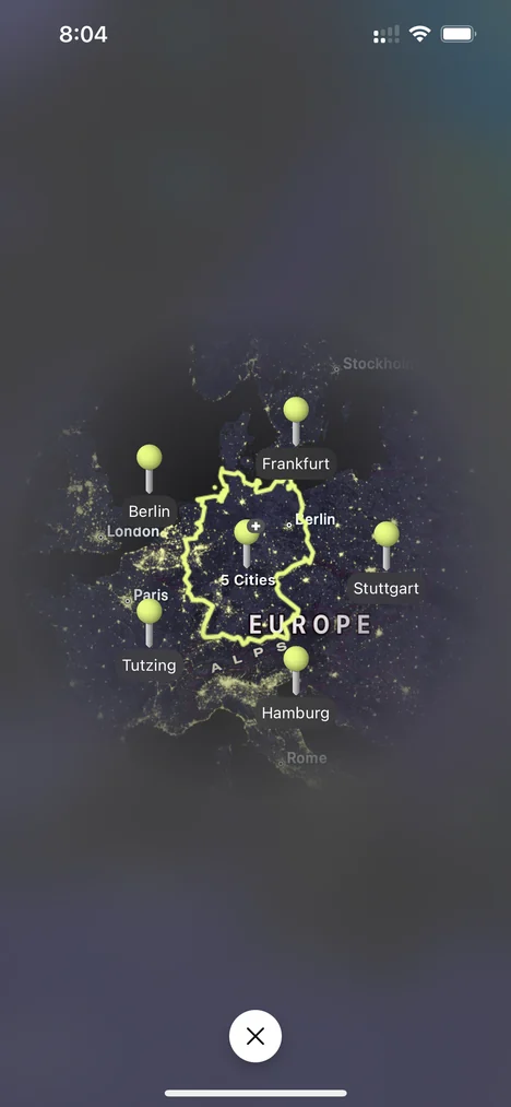 World map screen with glowing pins