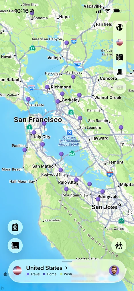 Odyz map of the San Francisco Bay Area dotted with a pin for every place visited